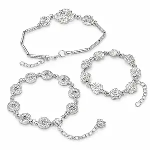 Women's Adjustable Silver-Tone Miao Style Floral Chain Bracelet Set - Traditional Pattern Artisanal Jewelry, Lightweight Trendy Gift