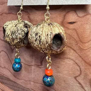 Black Walnut Shell Earrings with Gold Leaf and Blue and Orange Beads