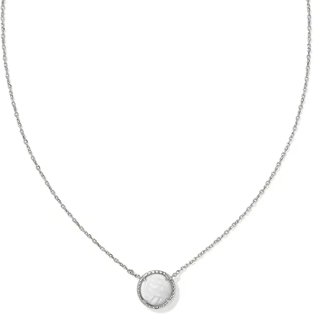 Kendra Scott Volleyball Silver Pendant Necklace in White Mother of Pearl, Elegant 19 inch Sports Jewelry Carved with Textured Lines for Women, Female