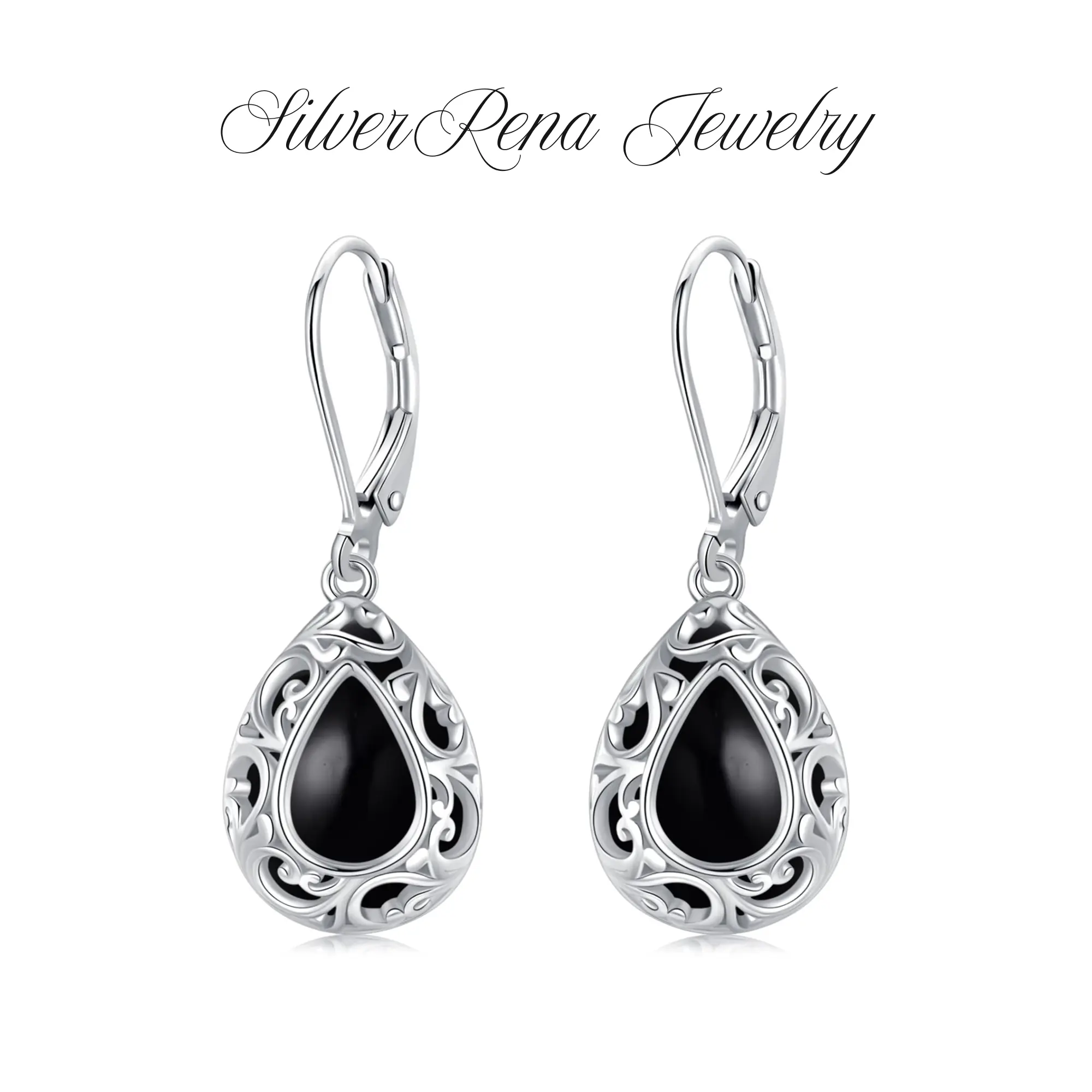S925 Vintage Black Onyx Drop Earrings with Patterned Hollow Design, Elegant Synthetic Obsidian Dangle Earrings Jewelry for Women, Perfect for Daily Wear and Party, Birthday Valentine's Day Gift for Her