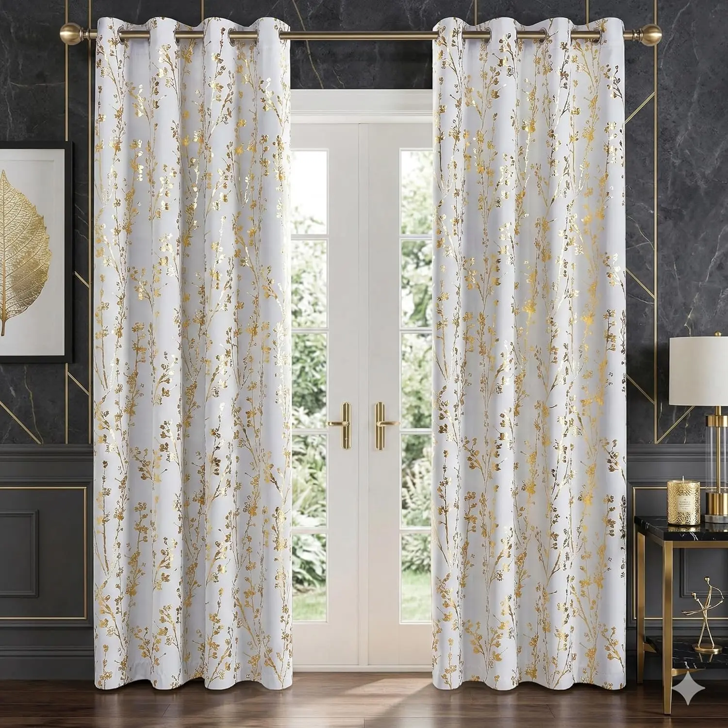 NICETOWN Gold Foil Printed 100% Blackout Floral Curtains for Living Room, Grommet Thermal Drapes Branch Pattern Window Treatments for Bedroom, Greyish White, W52 x L84, 2 Panels