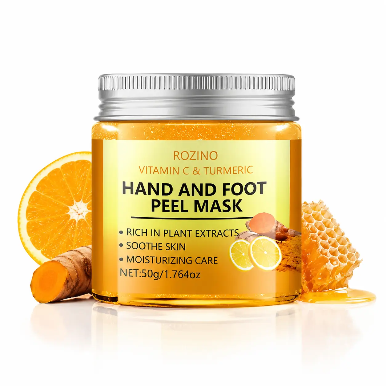 ROZINO Vitamin C & Turmeric Hand and Foot Peel Mask - Exfoliating Foot Care Treatment with Plant Extracts, Moisturizing Hand Mask for Smooth & Soft-Looking Skin, Hydrating Spa Care, 50g