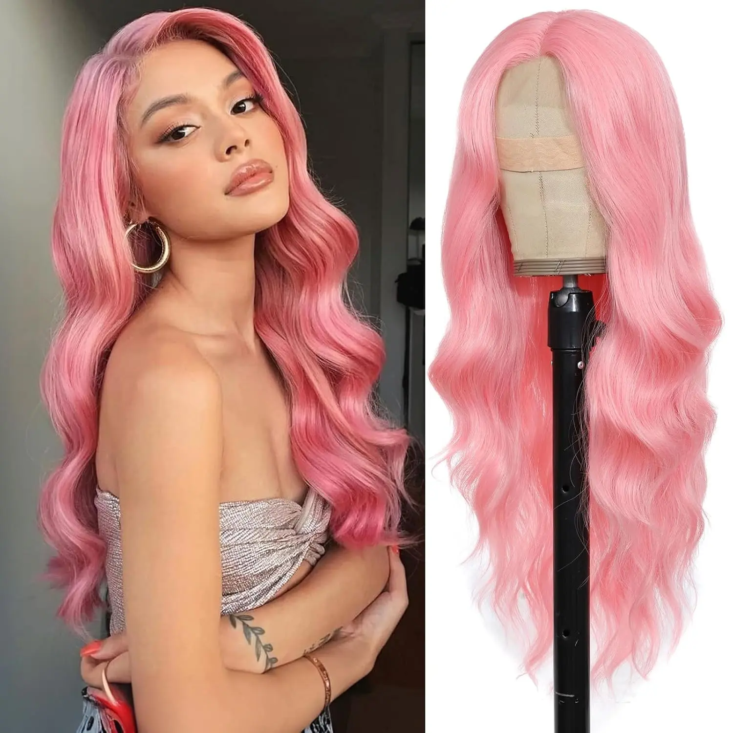 Pink Synthetic Body Wave Lace Front Wig