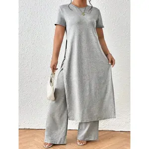 【Plus Size】 Two-Piece Set Solid Color Top & Wide Leg Pants, Casual Fashion Cozy Top & Trousers for Daily Outdoor Wear, Women's Clothing for Summer, WomenswearGiftGift