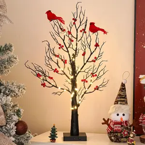Red Cardinal Christmas Tree Light with 2 Birdie, Battery & USB Powered Birch Tree with Led Lights and Red Berries – Cardinal Decor for Christmas, Memorial Gifts, and Holiday Home Decorations