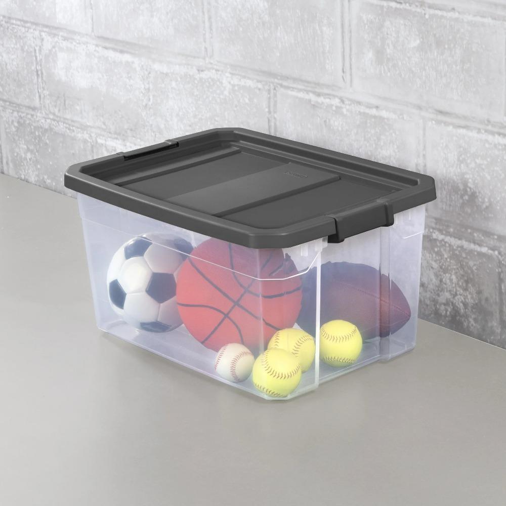 (2 pack) Sterilite 76 Quart Stacker Box, Durable Clear Plastic Storage Bin with Latch Lid, Dark Gray