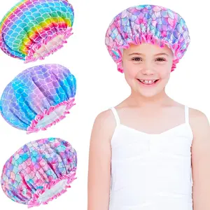 Shower Cap for Kids, 3 Pcs Large Shower Cap for Girls Women Reusable Double Layer Waterproof, Washable Plastic Toddler Shower Caps, Bath Cap for Women Kids Girls Beauty Salon Spa