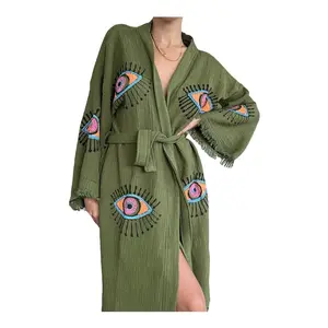 The Pinus Evil Eye Kimono Robe with Pockets XS-XL Hand Painted 100% Cotton Robe, CoverUp, Homewear, sexy Womenswear Elegance Gowns Nightwear Women Lady Loungewear Fabric Fit Loose Soft Long Sleeve boho house