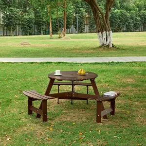 Brown 6 Person Round Picnic Table Set, Outdoor Dining Table with 3 Integrated Benches & Umbrella Hole, Sturdy Furniture for Backyard Patio Garden Porch