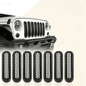 Hooke Road Compatible Front Mesh Grille Cover for 2007-2015 Jeep JK Wrangler & Unlimited Wrangler Exterior Accessories (7PCS Black + 1PCS White), Matte Black Grill Inserts, No Drilling Needed, Reusable