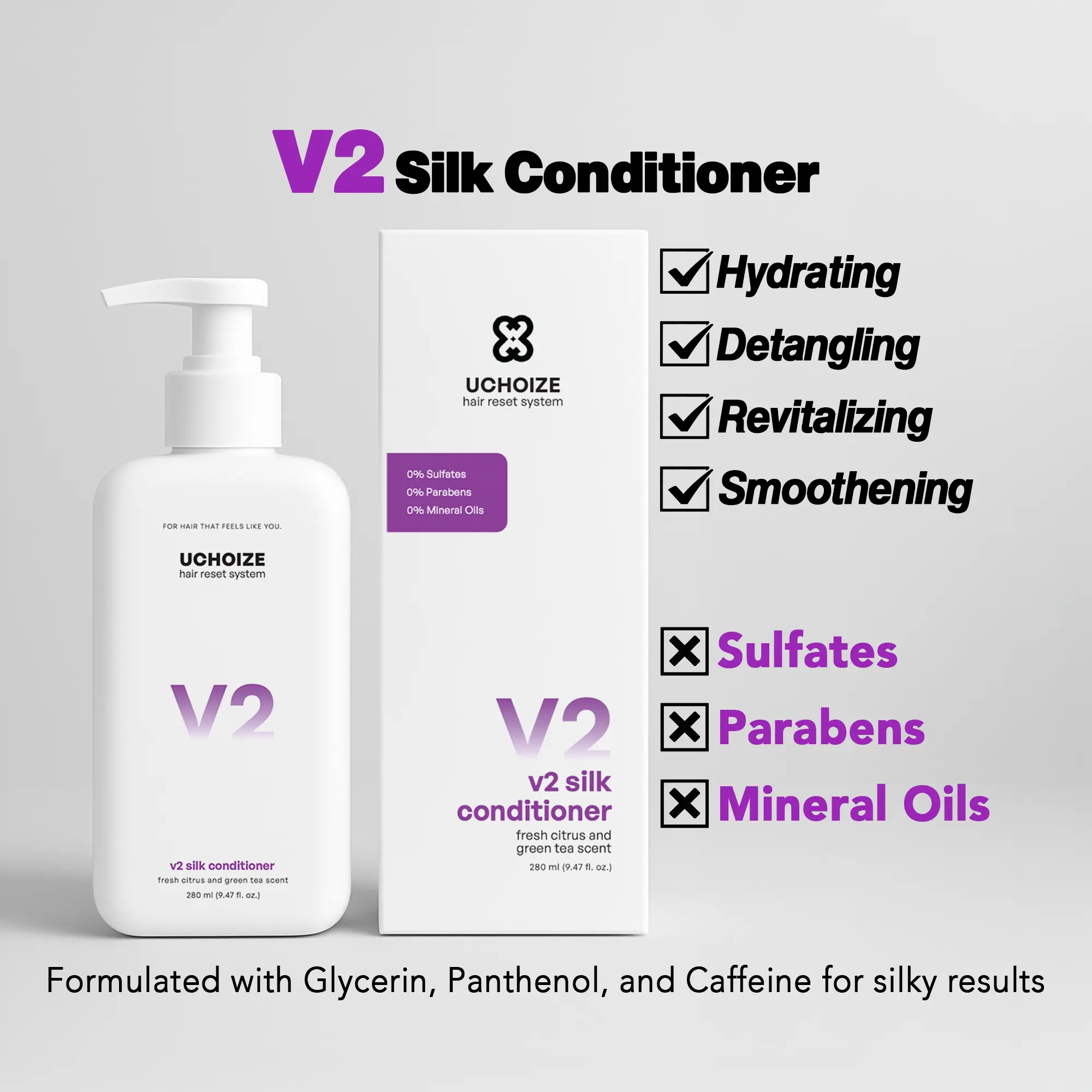 UCHOIZE V2 Silk Conditioner – 280ml Hydrating & Nourishing Hair Conditioner with Panthenol, Hyaluronic Acid & Ginger Extract – Lightweight Citrus & Green Tea Scent – Softens, Protects & Repairs Hair – Ideal for Dry, Frizzy & Damaged Hair