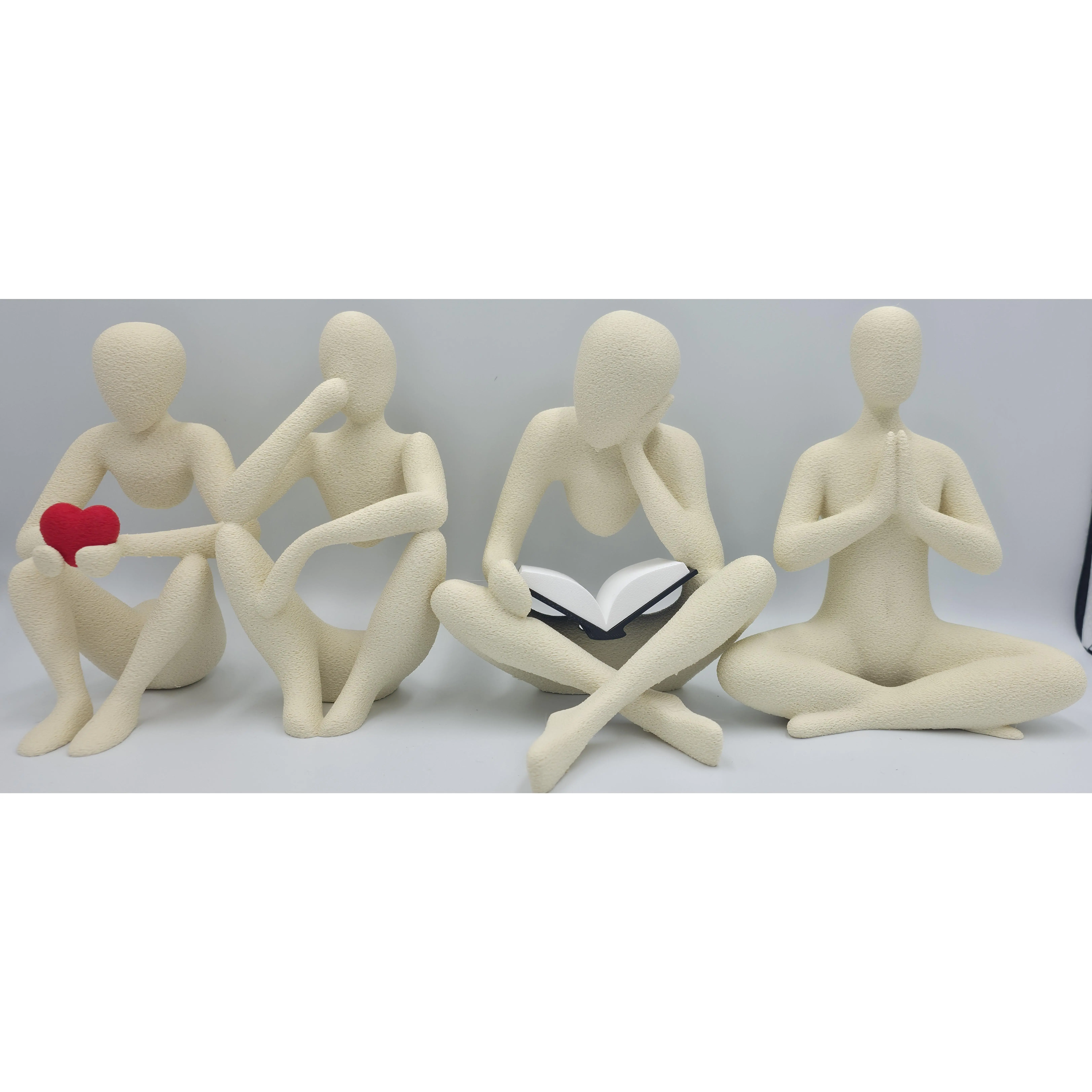 Bloomprint3D Cream Plastic 3D Printed Yoga & Mindfulness Figure Set - Decorative Modern Freestanding Statue Decor with Red Heart Accent for Desk Shelf, Wellness Lovers