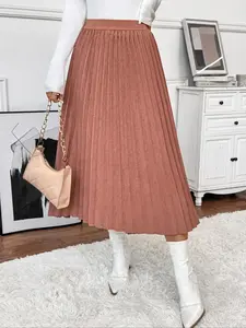 Women's Plain Pleated Skirt, Elastic Waist Commuter Casual Long Dress, Fashion Versatile for Vacation, Elegant Loose-Fitting Style