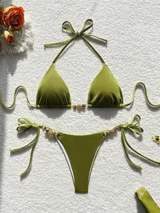 Two-Piece Set Women's Solid Bikini Set, Bikini Outfits, Casual Fashion Chic Swimsuit Set for Beach Holiday Vacation, Ladies Swimwear for All Seasons, Swimsuit for Women, Solid Ruched Swimsuit