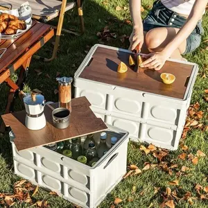 Outdoor Collapsible Storage Bin with Table, 1 Count  Large Capacity Multi-purpose Camping Bin, Foldable Space Saving Storage Box for Travel & Outdoor Activities, Wooden Outdoor Table