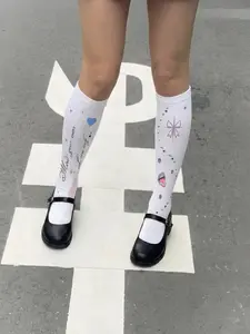 Thigh High Y2K Cartoon Letter Print Stockings, Original Host Style, All Seasons, Summer Socks, Happy Socks, Fashionable Sock Style, Womenswear
