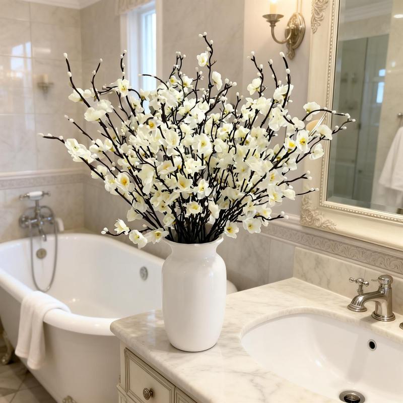 12/24Pcs Winter Artificial Flowers White Plum Silk Blossom 21.7'' Fake Wintersweet Long Stem Plastic Faux Flowers for Home Hotel Office Wedding Party Garden Centerpieces All Season Decor Decoration Ornaments(vase not included)