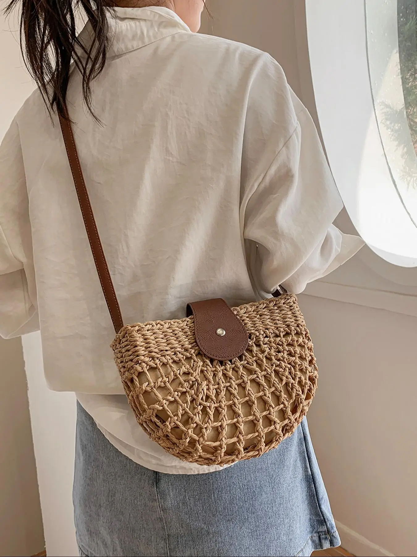 Women's Boho Semicircular Shape Hollow out Straw Bag, Trendy Elegant Crossbody Bag, Chic Summer 2024 Crossbody Bag for Summer Beach Outfits