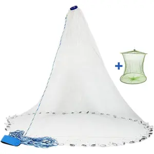 American Saltwater Fishing Cast Net for Bait Trap Fish 3ft/4ft/5ft/6ft/7ft/8ft/9ft/10ft Radius Casting Nets with Heavy Duty Real Zinc Sinker Weights, 3/8inch Mesh Size