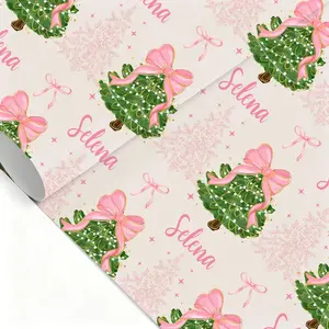 Personalized Coquette Bow Pink Christmas Tree Wrapping Paper, Vintage Preppy Christmas Wrap Roll, Navy Red Green Christmas Gift Wrap for Holiday Season, 2025 Perfect Gift Wr    ap for Friends, Family & Secret Santa