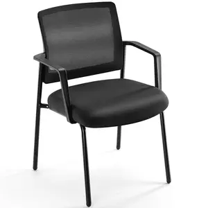 Black Stackable Arm Chairs with Mesh Back and Upholstered Fabric, Sturdy Metal Frame, Easy to Store and Use, Perfect for Indoor and Outdoor Spaces