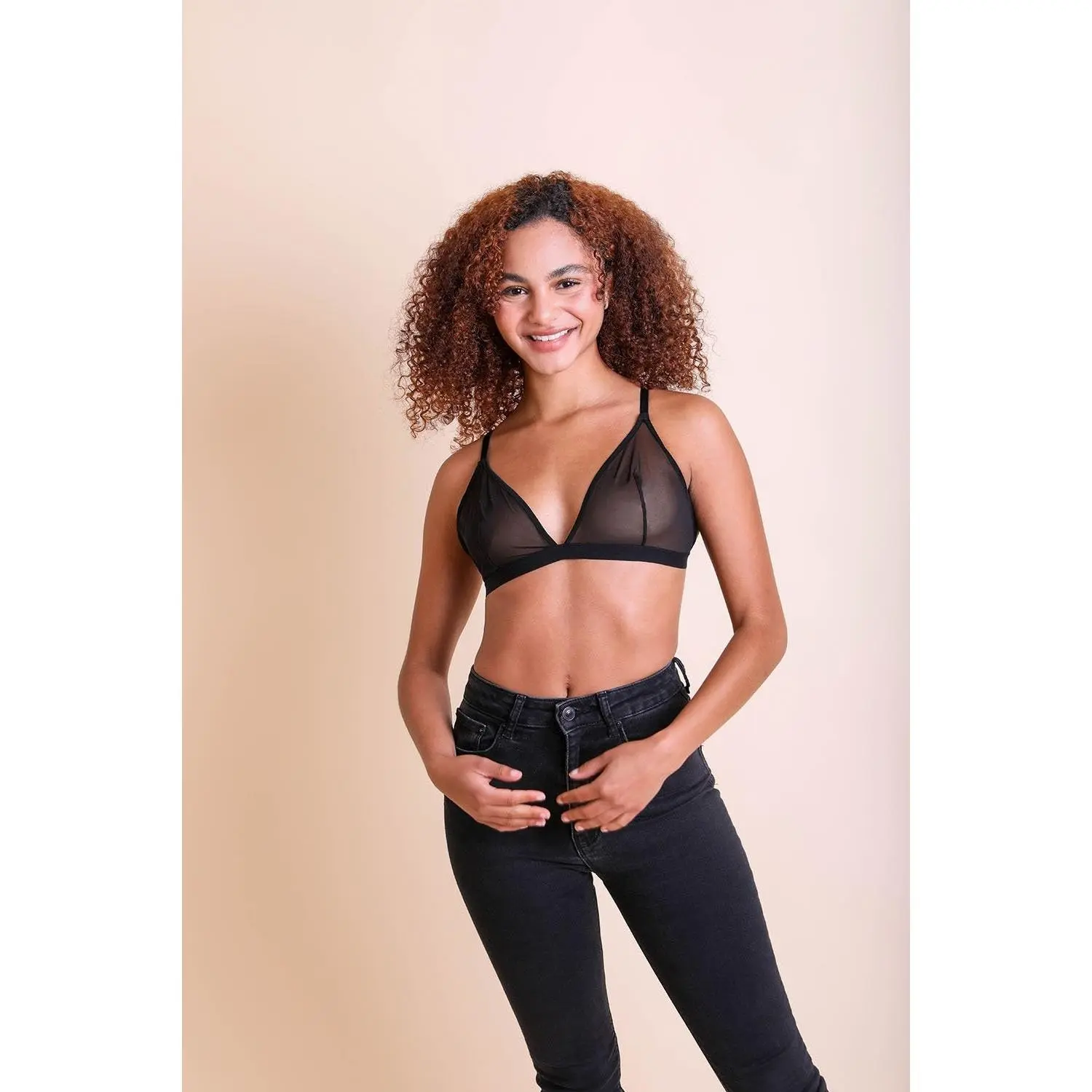 Plain Nylon Sheer Mesh Triangle Bralette with Adjustable Straps for Women's Underwear