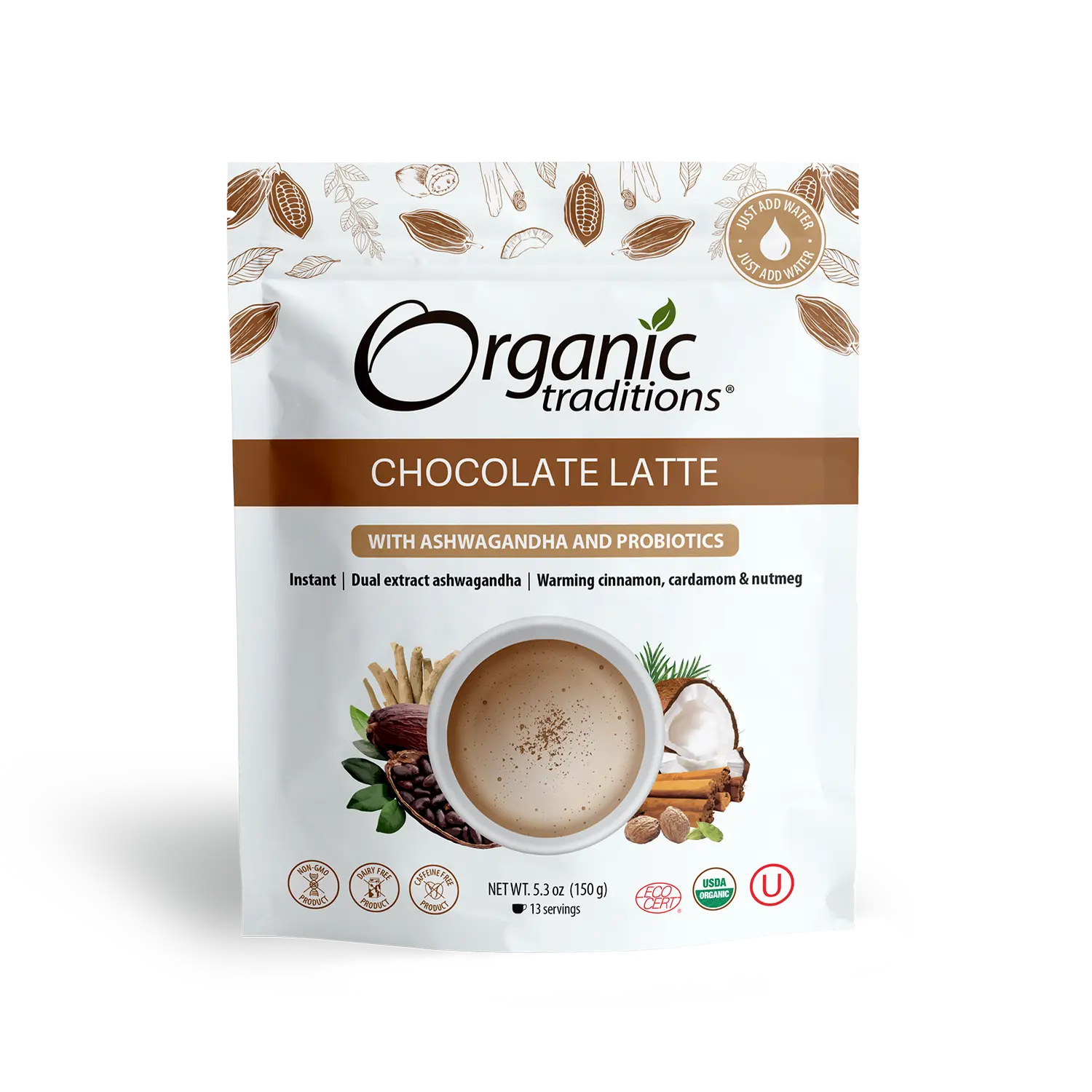 Organic Traditions Organic Chocolate Latte with Ashwagandha & Probiotics Cocoa Natural Beverage 5.3 oz