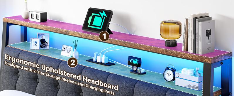 Raybee LED Bed Frame with Charge Station for Queen, Full, King, Platform Bed Frame with Upholstered Ergonomic Heardboard , 2 Tiers of Shelves & 12" Underbed Storage, Industrial Modern Bedroom Furniture, 1000lbs Capacity with Metal Slats & Frame, Black