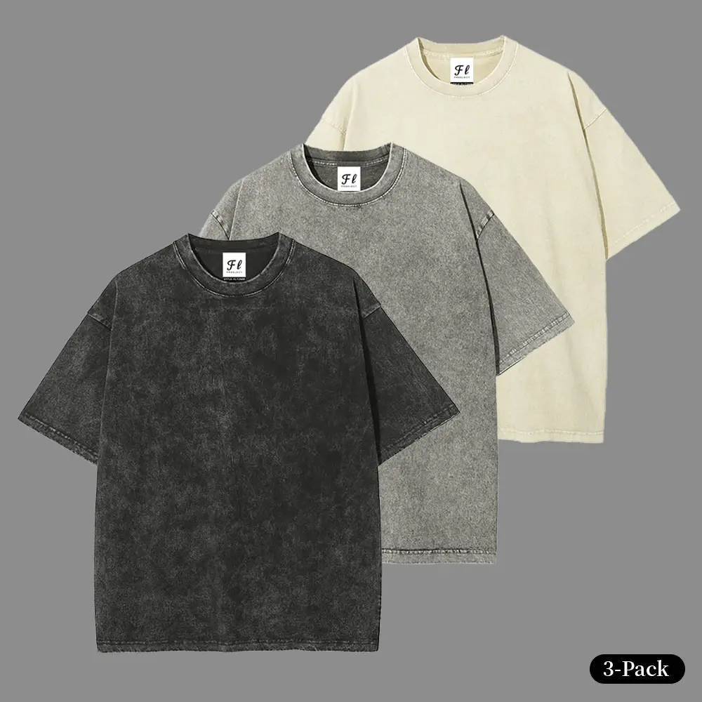 Men's & Women's Oversized 1/3 Pack Cotton T-Shirts - Retro, Round Neck, Short-Sleeve, Casual Fabric, Vintage Heavyweight Gym Workout Acid Wash Baggy Tees