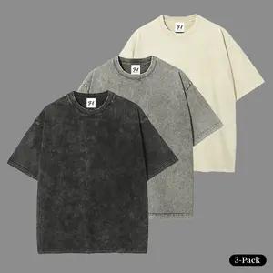 Men's & Women's Oversized 1/3 Pack Cotton T-Shirts - Retro, Round Neck, Short-Sleeve, Casual Fabric, Vintage Heavyweight Gym Workout Acid Wash Baggy Tees