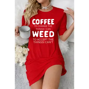 Funny Coffee Weed Letter Print Nightshirt, Red Short Sleeve Lounge Dress, Casual Sleepwear for Women