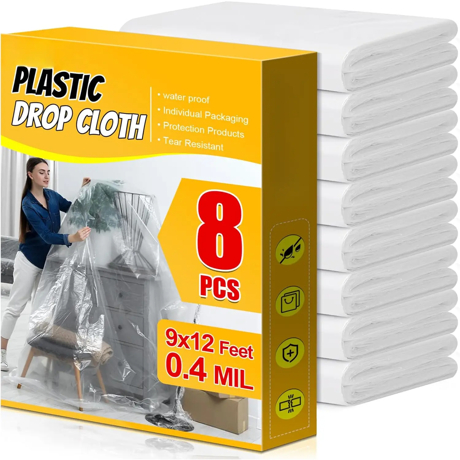 8 Pack Plastic Drop Cloth, 9x12 Ft Plastic Sheeting for Painting, Dust-Proof -Resistant Painters Plastics Tarp Cloth for Furniture Floor Sofa Protector Cover Durable & Thick
