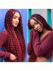 99J Burgundy Deep Wave Human Hair Bundles, Peruvian Remy Hair, Deep Wave Human Hair Extensions, Women's Curly Hair Extensions, Wet and Wavy Human Hair, for Braiding, Boho Braids Extension