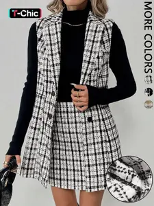 Women's Casual Plaid Long Coat Set, Fitted Half Skirt, All Seasons Fashion, Comfortable, Stylish and Chic, Perfect for Daily Wear, Womenswear