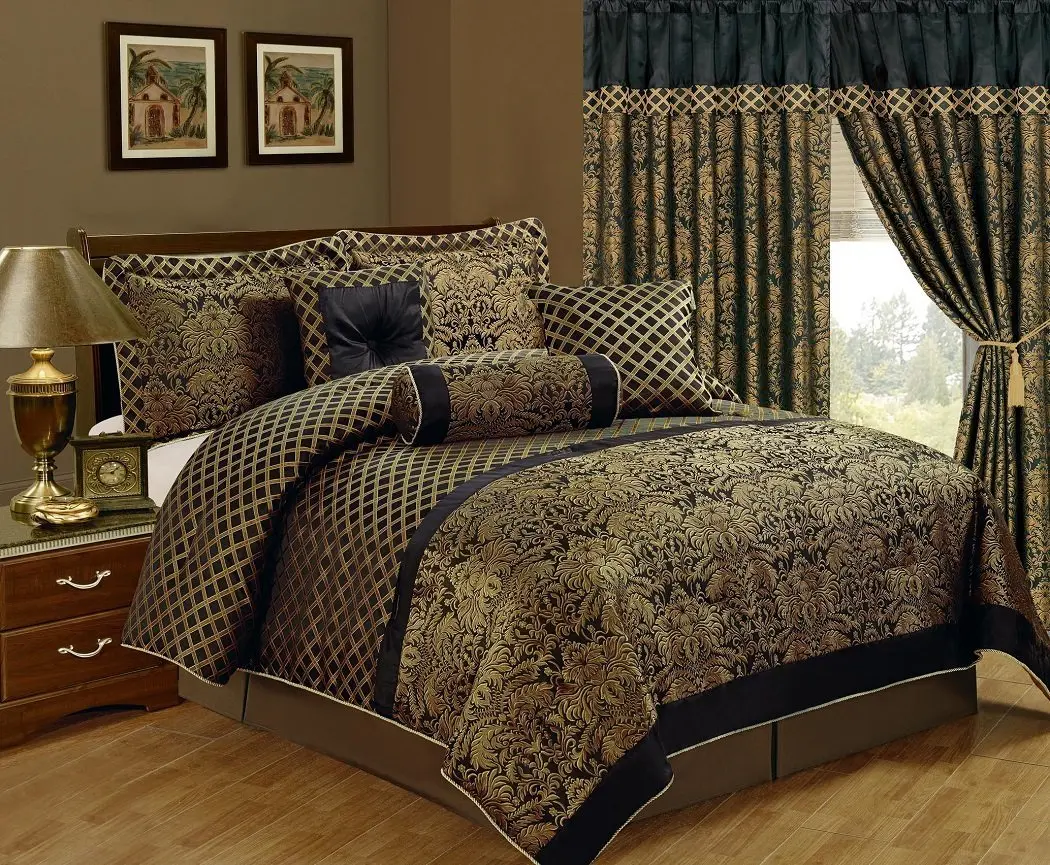 CHEZMOI COLLECTION Lisbon 7-Piece Jacquard Floral Comforter Set with Diamond Crosses & Gold Piping for Luxurious Bedroom Makeover