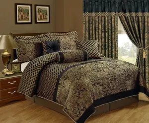 CHEZMOI COLLECTION Lisbon 7-Piece Jacquard Floral Comforter Set with Diamond Crosses & Gold Piping for Luxurious Bedroom Makeover