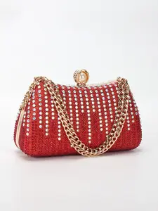 Full-diamond sparkling women's evening clutch, handbag, purse, wallet, with long chain for convertible shoulder/crossbody style, pearl clasp closure, ideal for weddings, parties, holiday gifts, Elegant Stylish Purse
