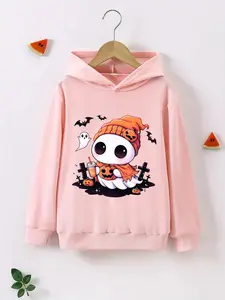 Girl's Halloween Cartoon Ghost Print Drop Shoulder Hoodie, Fashion Casual Long Sleeve Hooded Sweatshirt for Daily Holiday Outdoor Wear, Girls Clothing for Fall & Winter