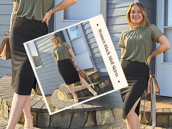 ZEAGOO Womens Knit Midi Skirts Casual Pencil Skirt High Waisted Long Skirts with Slit Elegant Work Office Skirts