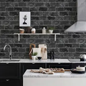 Black Brick Peel and Stick Wallpaper, Removable Self Adhesive Faux Brick Contact Paper for Kitchen Backsplash Fireplace Bedroom Living Room, Vintage DIY Wall Decor
