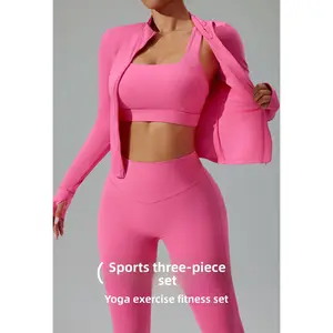 Women's New Fitted Yoga Set – 3-Piece Zip-Up Jacket, Quick-Dry Activewear for Running & Gym Fitness Clothes Summer Sportswear