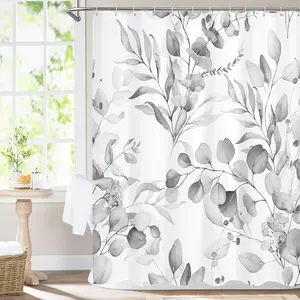 Grey Spring Floral Shower Curtain, Modern Plants Botanical Fabric Cloth Shower Curtains for Chic Elegant Bathroom Decor, Summer Watercolor Eucalyptus Leaf, 72x72