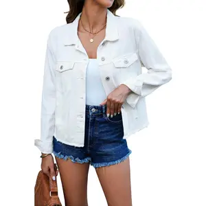 Denim Jacket for Women Distressed Jean Jackets Button Up Vintage Western Trucker Jacket Frayed Hem Pockets