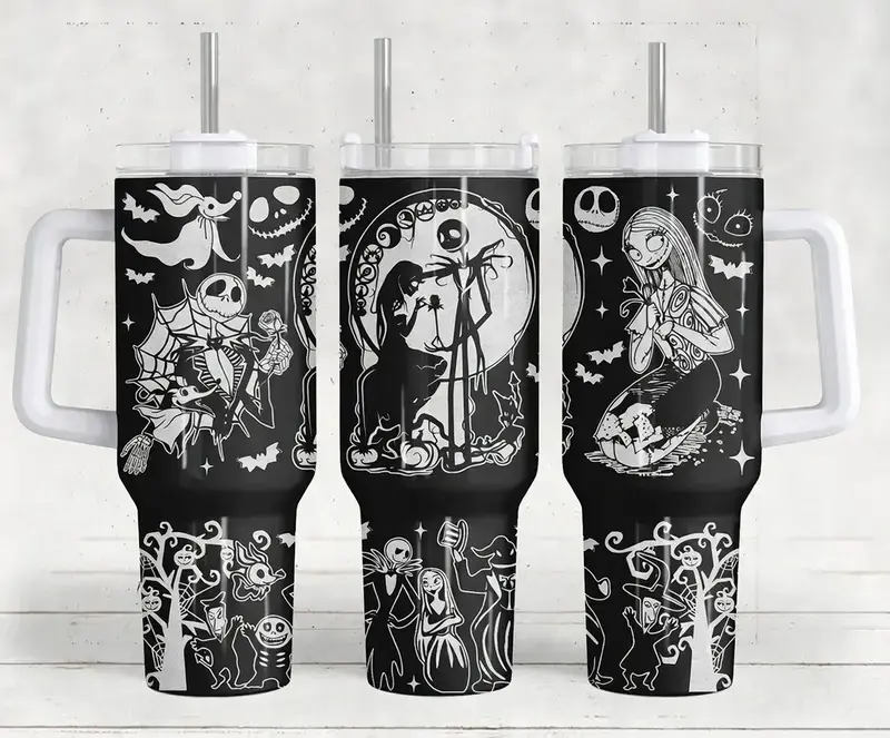 40oz Tumbler, Nightmarre Before Christmas Tumbler, Spooky Skeleton Couple Tumbler For Men Women, Halloween Movie Fan Gift