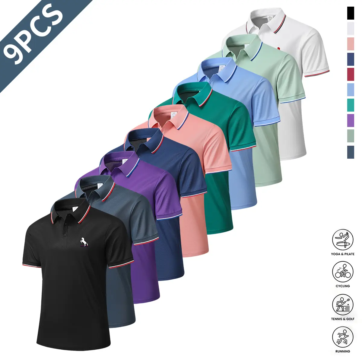 Men's Smart Casual Polo Shirts, 9-Pack New Short Sleeve Summer Tops with Striped Placket, Well-Fitting Casual Sportswear, New Polo, Polyester Clothes, Smart Casual Style