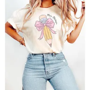 Personalized Coquette Teacher Shirt Custom Teacher Name Tshirt Retro Bow Pencil Tee Cute Back to School T Shirt Teacher Appreciation Gift