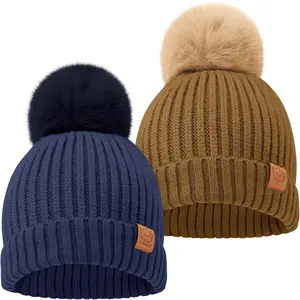 2-Pack  Hats for Girls, Boys - Stretchy  Beanies, Cute  &  Winter Hat, Soft & Warm Pom Pom Beanie for , , Boys, Girls 6-36 Months (Blast, M)