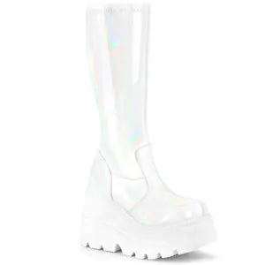 Demonia Shaker-65 Women's Platform Stretch Knee High Boots, 4 1/2" Wedge with Round Toe, Full Length Back Zipper, White Hologram Design