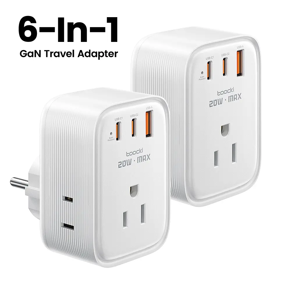 Toocki 2Pack 6-in-1 GaN Fast Charging Travel Adapter (20W 2C1A) - EU/UK/US Compatible, Flat Plug, Multi-Port for Smartphone, Cellphone, Mobile Devices, USB C Compatible, Converts 1 European Type C Socket to 3 American Outlets & 3 USB Ports