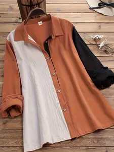 Elegant Casual Plaid Patchwork Long Sleeve Shirt Blouse for Women, Lady Collared Top Womenswear, Loose-Fitting Spring & Fall Fashion, Pure Color Contrast Collar Design